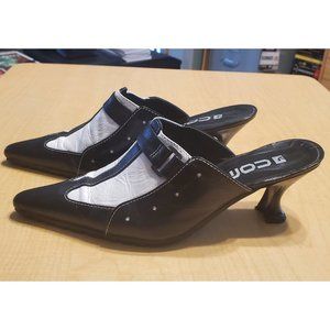 Trendy Black & White Leather, Open Back Shoes, Size 36 (US 6)
